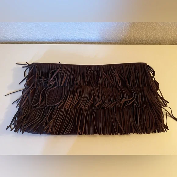 bebe Dark Brown Fringe Clutch with Heart Tags - Picture 5 of 9